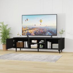 Moderna Black TV Stand for Smart TV, 140cm High Gloss TV Stand Cabinet with Tall Legs - thumbnail 3