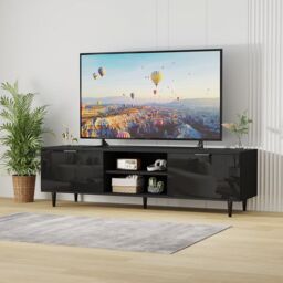 Moderna Black TV Stand for Smart TV, 140cm High Gloss TV Stand Cabinet with Tall Legs - thumbnail 4