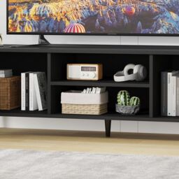 Moderna Black TV Stand for Smart TV, 140cm High Gloss TV Stand Cabinet with Tall Legs - thumbnail 7