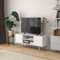 HOMCOM TV Stand Cabinet with Cable Management & Wood Legs Living Room in White