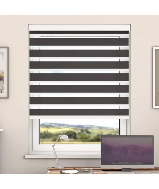 New Edge Blinds Steel Grey Day & Night Zebra Roller Blind with Cassette in Dark Grey - Size: 70 cm width x 200 cm drop