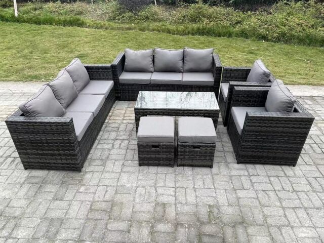 Fimous Outdoor Rattan Garden Furniture Lounge Sofa Set With Oblong Rectagular 2 PC Arm Chair in Dark Grey - image 1