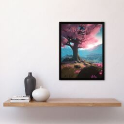 Artery8 Wall Art Print Lone Cherry Blossom Tree Blooming Painting Pink Blue Green Sunrise over Tranquil Forest Mountain Landscape Art Framed - thumbnail 4