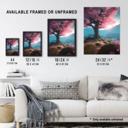 Artery8 Wall Art Print Lone Cherry Blossom Tree Blooming Painting Pink Blue Green Sunrise over Tranquil Forest Mountain Landscape Art Framed - thumbnail 3