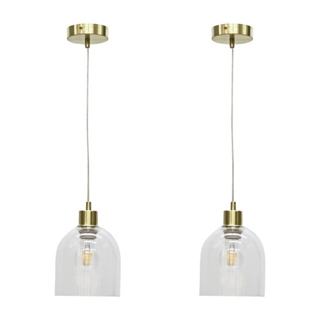First Choice Lighting Set of 2 Belten - Clear Glass Cloche with Satin Brass Pendant Fittings - image 1