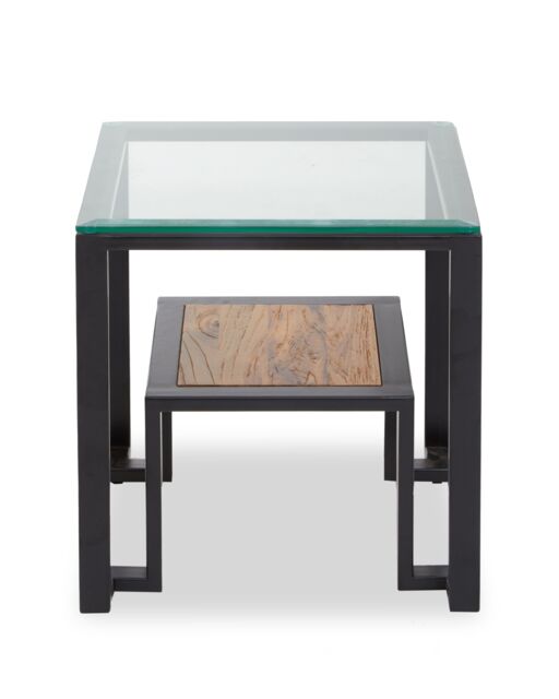Orsina Roman Side Table, Square Clear Glass Top with Black Metal Frame, Teak Wood Shelf for Storage & Display - image 1