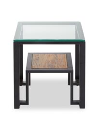 Orsina Roman Side Table, Square Clear Glass Top with Black Metal Frame, Teak Wood Shelf for Storage & Display