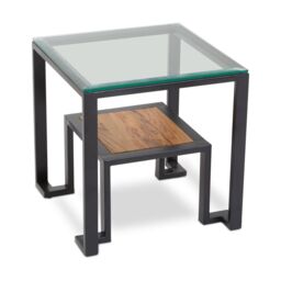 Orsina Roman Side Table, Square Clear Glass Top with Black Metal Frame, Teak Wood Shelf for Storage & Display - thumbnail 4