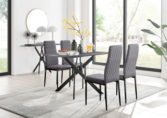 FurnitureboxUK Leonardo Grey Glass Marble Effect Black Leg Table & 4 Velvet Milan Black Leg Chairs - image 1