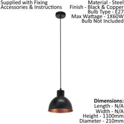 Loops Hanging Ceiling Pendant Light Black & Copper Industrial Shade 1 x 60W E27 Bulb - thumbnail 2