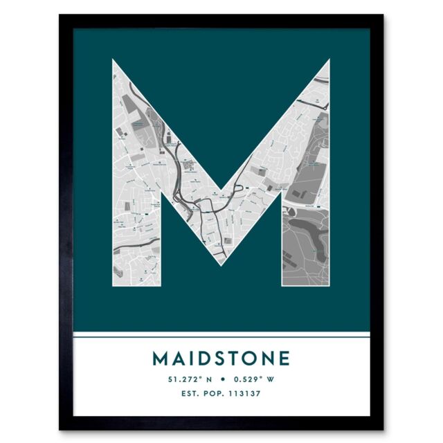 "Wee Blue Coo Wall Art Print Maidstone England United Kingdom City Map Modern Typography Stylish Letter Framed Word in Teal - Size: W12"" x H16""" - image 1