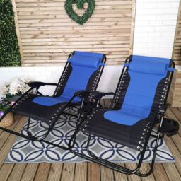 Samuel Alexander Set of 2 Luxury Padded Multi Position Zero Gravity Garden Relaxer Chair Lounger in Blue & Black - thumbnail 3