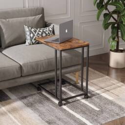 VOGREX Adjustable Height Industrial Side Table 4 Rolling Wheels Bedside Tray in Brown - thumbnail 3