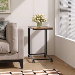VOGREX Adjustable Height Industrial Side Table 4 Rolling Wheels Bedside Tray in Brown