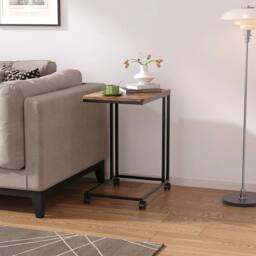 VOGREX Adjustable Height Industrial Side Table 4 Rolling Wheels Bedside Tray in Brown - thumbnail 4