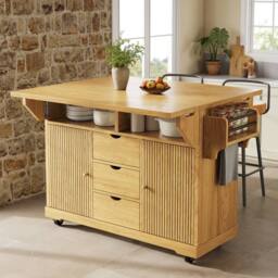 Merax Fluted Drop Leaf Kitchen Island Mobile Storage Trolley Cabinet in Brown - thumbnail 2