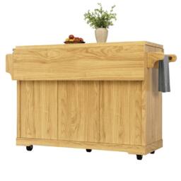 Merax Fluted Drop Leaf Kitchen Island Mobile Storage Trolley Cabinet in Brown - thumbnail 9