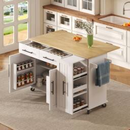 Merax Rolling Kitchen Island Trolley with Drop Leaf & Pull Out Storage in White