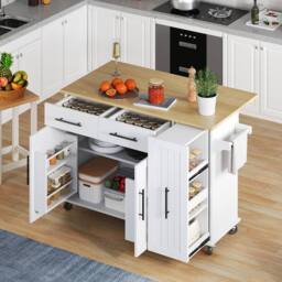 Merax Rolling Kitchen Island Trolley with Drop Leaf & Pull Out Storage in White - thumbnail 2