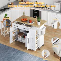 Merax Rolling Kitchen Island Trolley with Drop Leaf & Pull Out Storage in White - thumbnail 4