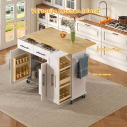 Merax Rolling Kitchen Island Trolley with Drop Leaf & Pull Out Storage in White - thumbnail 3