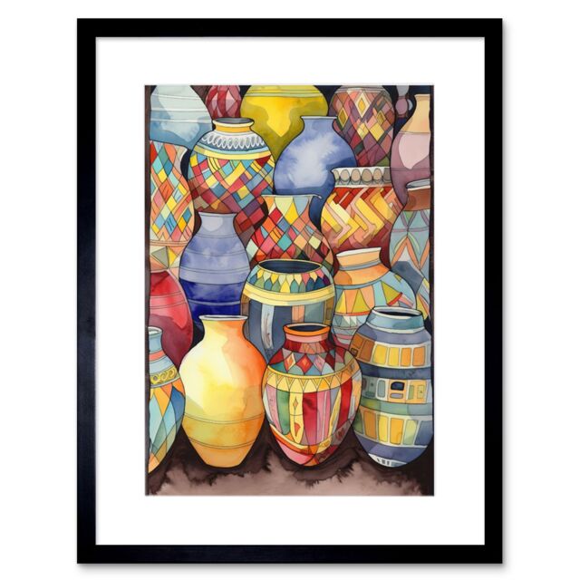 "Artery8 Wall Art Print Glazed Ceramic Pot Vases Folk Artwork Framed 9X7 Inch in Black - Size: W7"" x H9""" - image 1