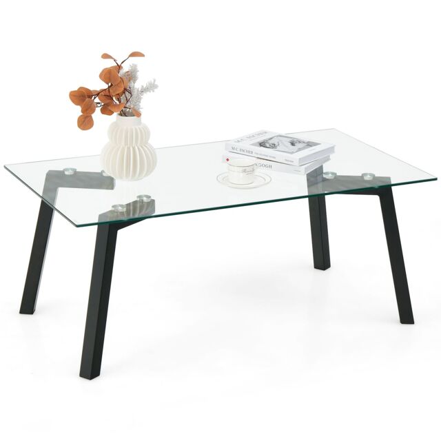 Costway Tempered Glass Coffee Table Rectangular Cocktail Snack Tea Table with Metal Leg in Clear - image 1