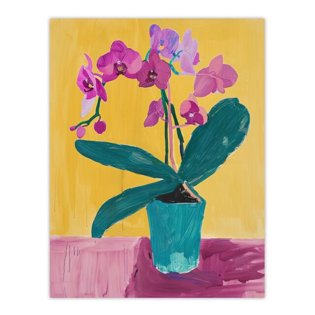 "Artery8 Orchid Flower Pot Orange Lilac Green Painting Wall Art Print in Yellow - Size: W24"" x H32""" - image 1
