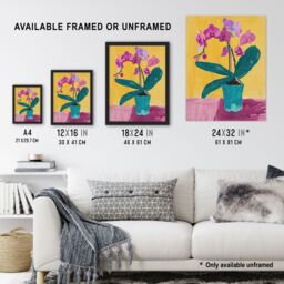 "Artery8 Orchid Flower Pot Orange Lilac Green Painting Wall Art Print in Yellow - Size: W24"" x H32""" - thumbnail 3