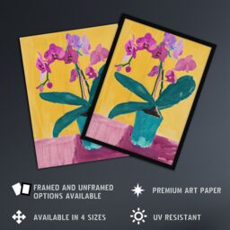 "Artery8 Orchid Flower Pot Orange Lilac Green Painting Wall Art Print in Yellow - Size: W24"" x H32""" - thumbnail 2