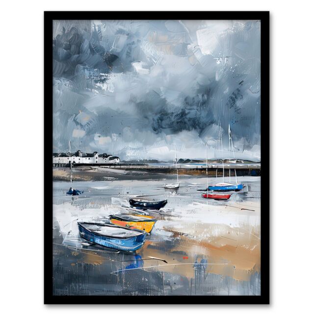 Artery8 Fishing Boats Yorkshire Coast Beach East Riding Framed Art Print in Grey - Size: A4 - image 1