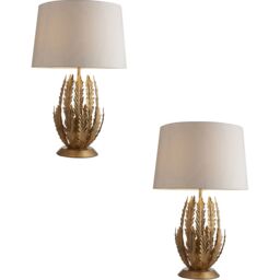 Loops 2 PACK Ornate Gold Table Lamp & Ivory Cotton Fabric Shade Decorative Leaf Design - thumbnail 1