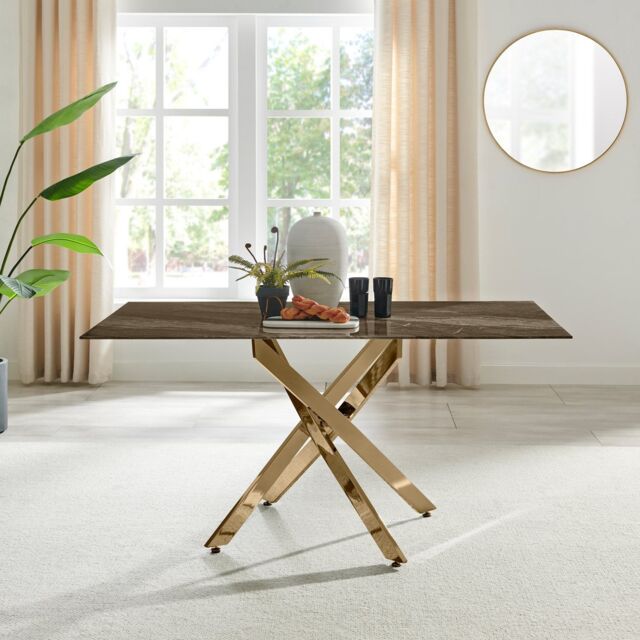 FurnitureboxUK Leonardo 6-Seater Dining Table With Marble Effect Glass Top & Gold Metal Legs in Dark Brown - image 1