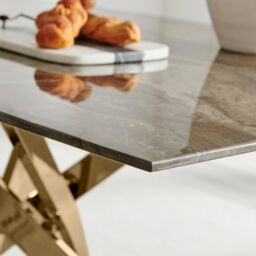 FurnitureboxUK Leonardo 6-Seater Dining Table With Marble Effect Glass Top & Gold Metal Legs in Dark Brown - thumbnail 4
