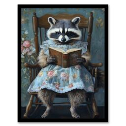 "Artery8 Raccoon Mama in Floral Dress Reading Bedtime Story Framed Art Print in Blue - Size: W12"" x H16""" - thumbnail 1