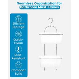 Nordara White Metal Frame Plastic Deep Basket Shower Caddy with Hook - thumbnail 5