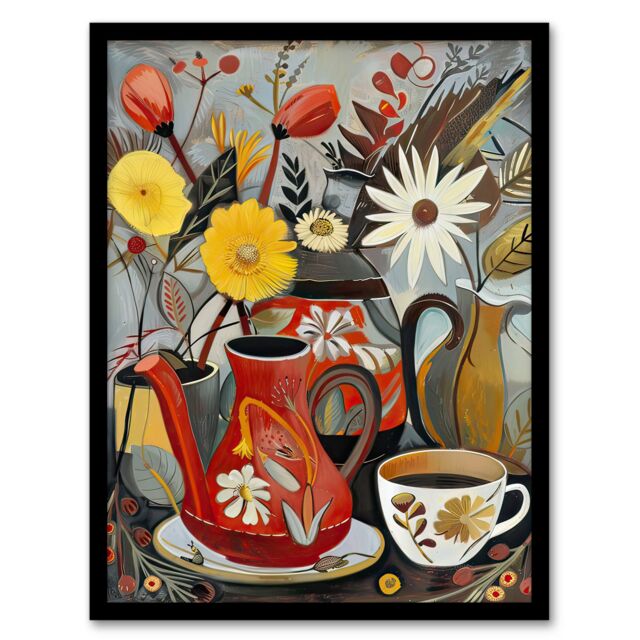 Artery8 Coffee Pot Cup Wildflower Bouquet Vase Painting Framed Art Print - Size: A4 - image 1
