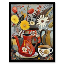 Artery8 Coffee Pot Cup Wildflower Bouquet Vase Painting Framed Art Print - Size: A4 - thumbnail 1
