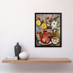 Artery8 Coffee Pot Cup Wildflower Bouquet Vase Painting Framed Art Print - Size: A4 - thumbnail 4