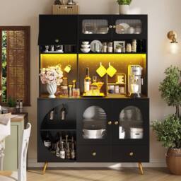 BTM Tall Kitchen Cabinet with LED & USB Ports, Glass Shelves in Black - thumbnail 3