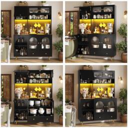 BTM Tall Kitchen Cabinet with LED & USB Ports, Glass Shelves in Black