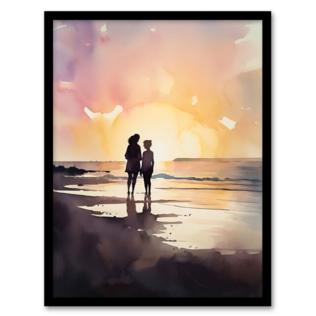"Artery8 Wall Art Print Mum & Me Watercolour Painting Mother & Daughter Dawn Morning Walk On The Beach Art Framed in Yellow - Size: W12"" x H16""" - image 1