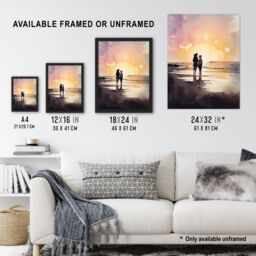 "Artery8 Wall Art Print Mum & Me Watercolour Painting Mother & Daughter Dawn Morning Walk On The Beach Art Framed in Yellow - Size: W12"" x H16""" - thumbnail 3