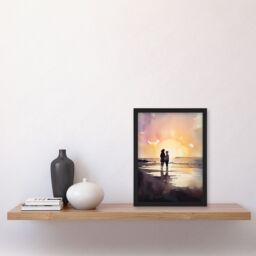 "Artery8 Wall Art Print Mum & Me Watercolour Painting Mother & Daughter Dawn Morning Walk On The Beach Art Framed in Yellow - Size: W12"" x H16""" - thumbnail 4