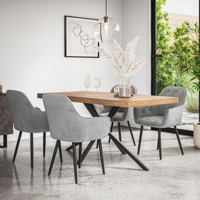 More4Homes Donni Dining Table & Chairs - Oak Effect Table Top w Black Legs + Anika Velvet Dining Chair Set Of 4 in Grey - image 1