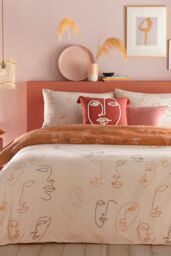 Furn Kind Abstract Faces Reversible Duvet Cover Set in Pale Orange - Size: Double