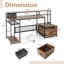 Costway 170CM Computer Desk w/Monitor Stand & File Drawer Writing Desk in Brown - thumbnail 8