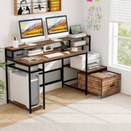 Costway 170CM Computer Desk w/Monitor Stand & File Drawer Writing Desk in Brown