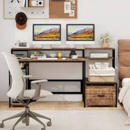 Costway 170CM Computer Desk w/Monitor Stand & File Drawer Writing Desk in Brown - thumbnail 6