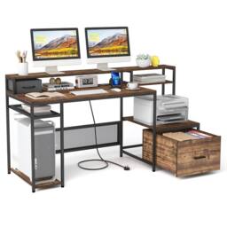 Costway 170CM Computer Desk w/Monitor Stand & File Drawer Writing Desk in Brown - thumbnail 2